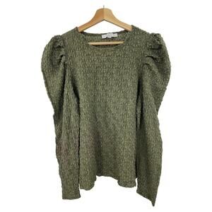 LOFT XL Olive Khaki Green Textured Top Long Puff Sleeve Sheer Stretchy Shirred